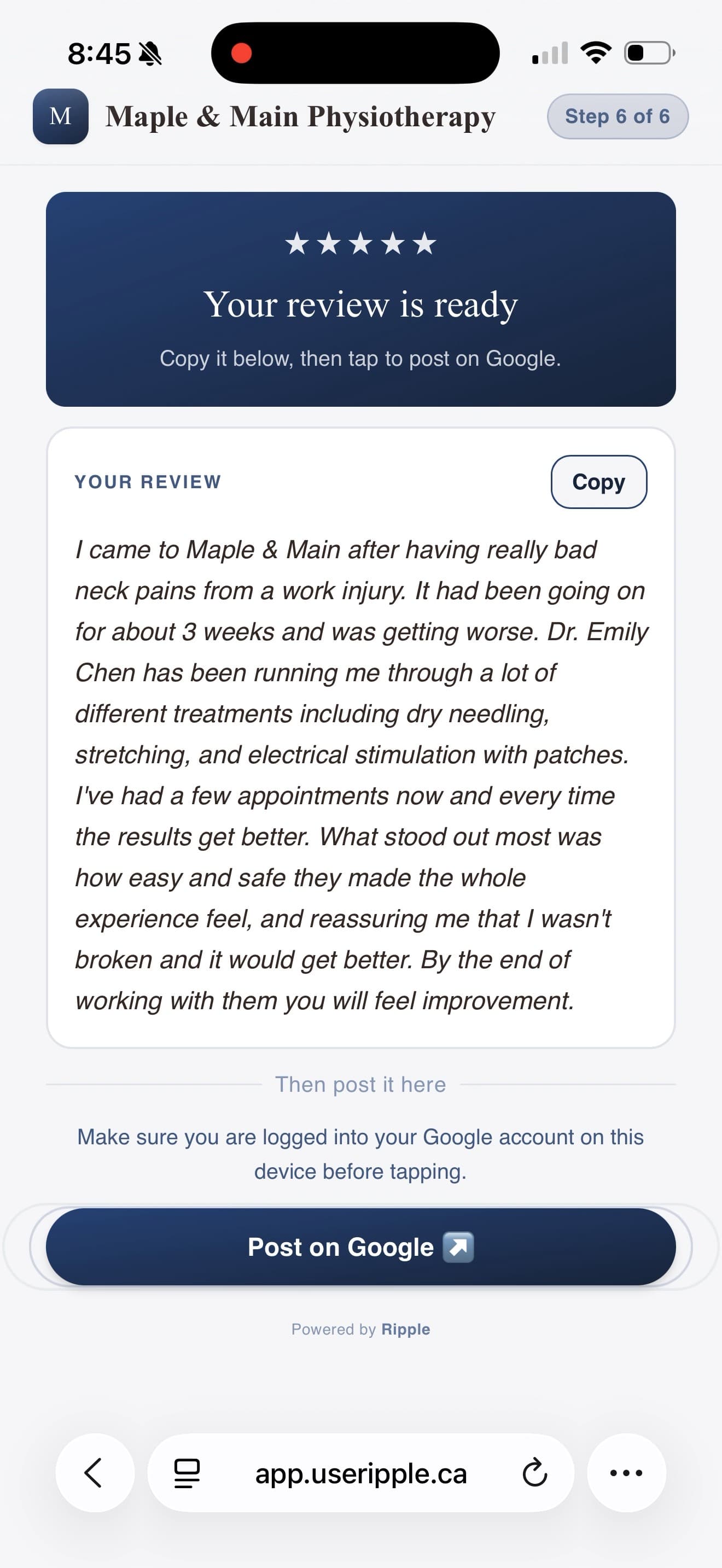 Final screen with Post on Google button